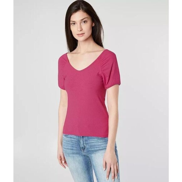 NWT Womens Buckle BKE Core Ribbed Double V Neck Short Top in Rose Violet - Sz S - Picture 1 of 3